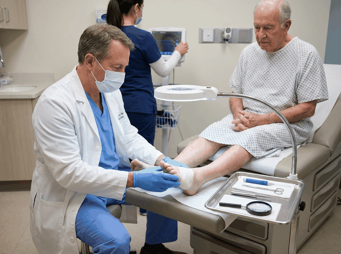 Doctor examining diabetic patient foot for early ulcer signs