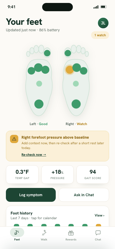 Mi Terro app interface preview showing foot trends and an example pressure alert